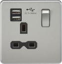 Screwless 13A 1G switched socket with dual USB charger (2.4A) - brushed chrome with black insert