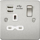 Flat plate 13A 1G switched socket with dual USB charger (2.1A) - brushed chrome with white insert