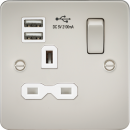 Flat plate 13A 1G switched socket with dual USB charger (2.1A) - pearl with white insert