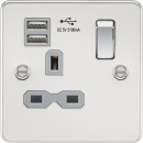 Flat plate 13A 1G switched socket with dual USB charger (2.1A) - polished chrome with grey insert