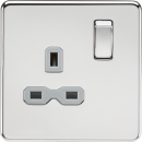 Screwless 13A 1G DP switched socket - polished chrome with grey insert