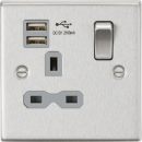 13A 1G Switched Socket Dual USB Charger (2.1A) with Grey Insert - Square Edge Brushed Chrome