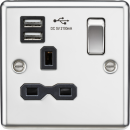 13A 1G Switched Socket Dual USB Charger Slots with Black Insert - Rounded Edge Polished Chrome