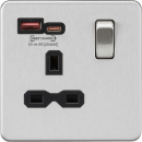 13A 1G Switched Socket with dual USB [FASTCHARGE] A+C - Brushed Chrome with black insert