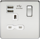 Screwless 13A 1G switched socket with dual USB charger (2.1A) - polished chrome with white insert