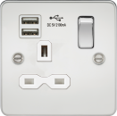 Flat plate 13A 1G switched socket with dual USB charger (2.1A) - polished chrome with white insert