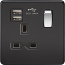 Screwless 13A 1G switched socket with dual USB charger (2.4A) - matt black with chrome rocker