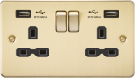 13A 2G switched socket with dual USB charger A + A (2.4A) - Brushed brass with black insert