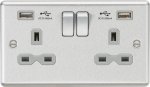 13A 2G switched socket with dual USB charger A + A (2.4A) - Brushed chrome with grey insert