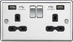 13A 2G switched socket with dual USB charger A + A (2.4A) - Polished chrome with black insert