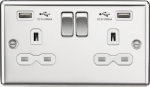 13A 2G switched socket with dual USB charger A + A (2.4A) - Polished chrome with white insert