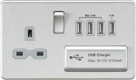 Screwless 13A switched socket with quad USB charger (5.1A) - brushed chrome with grey insert