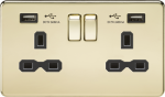 13A 2G switched socket with dual USB charger A + A (2.4A) - Polished brass with black insert