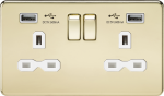 13A 2G switched socket with dual USB charger A + A (2.4A) - Polished brass with white insert