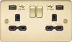 13A 2G switched socket with dual USB charger A + A (2.4A) - Polished brass with black insert