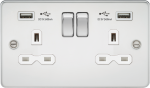 13A 2G switched socket with dual USB charger A + A (2.4A) - Polished chrome with white insert