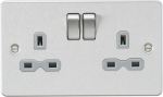 Flat plate 13A 2G DP switched socket - brushed chrome with grey insert