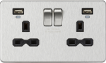 13A 2G Switched Socket, Dual USB (2.4A) with LED Charge Indicators - Brushed Chrome w/black insert