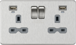 13A 2G Switched Socket, Dual USB (2.4A) with LED Charge Indicators - Brushed Chrome w/grey insert