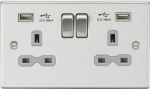 13A 2G switched socket with dual USB charger A + A (2.4A) - Brushed chrome with grey insert