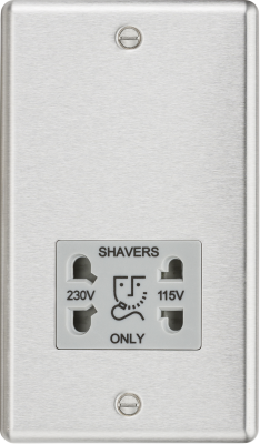 115-230V Dual Voltage Shaver Socket with Grey Insert - Rounded Edge Brushed Chrome