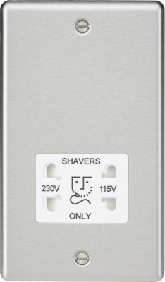 115-230V Dual Voltage Shaver Socket with White Insert - Rounded Edge Brushed Chrome