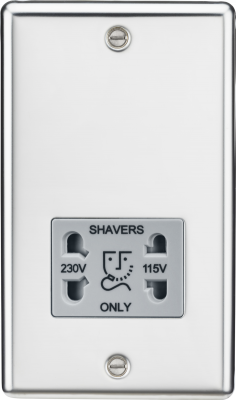 115-230V Dual Voltage Shaver Socket with Grey Insert - Rounded Edge Polished Chrome