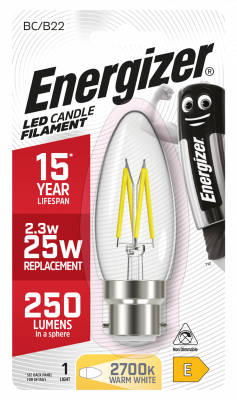 LED Filament Candle B22 (BC) 250lm 2.3W 2,700K (Warm White), Blister Of 1