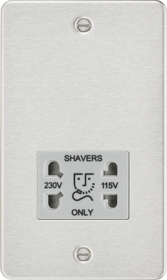 Flat plate 115/230V dual voltage shaver socket - brushed chrome with grey insert