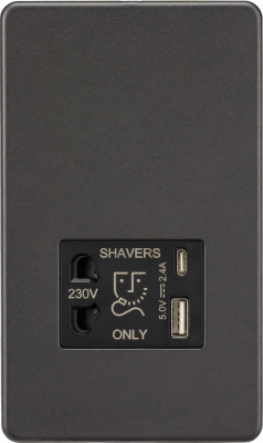 Shaver socket with dual USB A+C (5V DC 2.4A shared) - smoked bronze