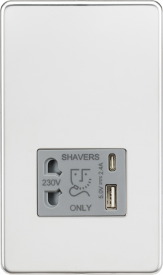 Shaver socket with dual USB A+C (5V DC 2.4A shared) - polished chrome with grey insert