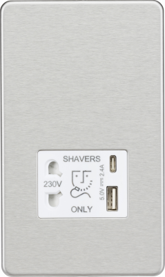 Shaver socket with dual USB A+C (5V DC 2.4A shared) - brushed chrome with white insert