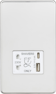 Shaver socket with dual USB A+C (5V DC 2.4A shared) - polished chrome with white insert