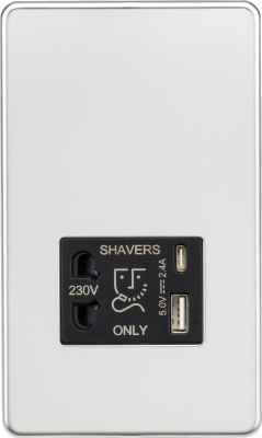 Shaver socket with dual USB A+C (5V DC 2.4A shared) - polished chrome with black insert