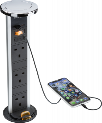 IP54 3G pop-up socket with dual USB charger  A+C (FASTCHARGE) - Polished chrome Cap