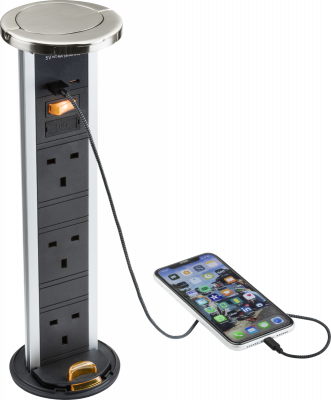 IP54 3G pop-up socket with dual USB charger  A+C (FASTCHARGE) - Brushed chrome Cap