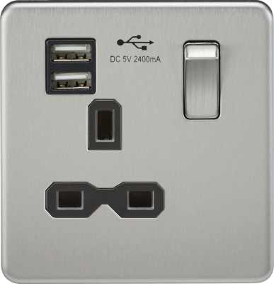 Screwless 13A 1G switched socket with dual USB charger (2.4A) - brushed chrome with black insert