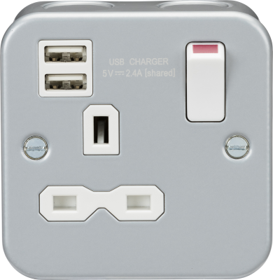 Metal Clad 13A 1G Switched Socket with Dual USB Charger (2.4A)