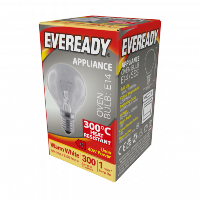 Eveready Oven Lamp E14 (SES) 300lm 40W 3,000K (Warm White), Box Of 1 - 300C Heat Resistant