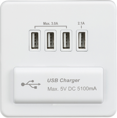 Screwless Quad USB Charger Outlet (5.1A) - Matt White with White Insert