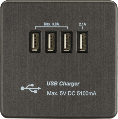 Screwless Quad USB Charger Outlet (5.1A) - Smoked Bronze