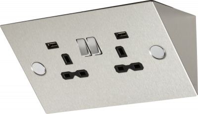 13A 2G Mounting Switched Socket with Dual USB Charger (2.4A) - Stainless Steel with black insert