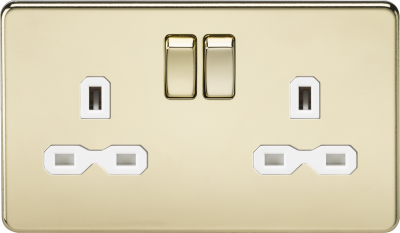 Screwless 13A 2G DP switched socket - polished brass with white insert