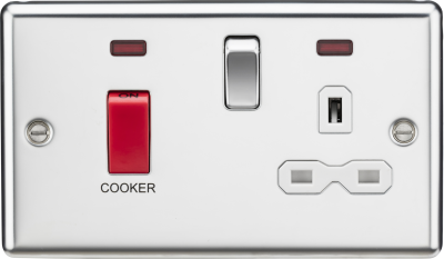 45A DP Cooker Switch & 13A Switched Socket with Neons & White Insert - Rounded Edge Polished Chrome