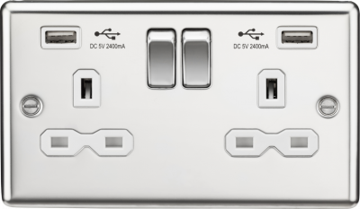 13A 2G switched socket with dual USB charger A + A (2.4A) - Polished chrome with white insert