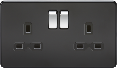 Screwless 13A 2G DP switched socket - matt black with black insert and chrome rockers