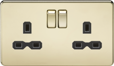 Screwless 13A 2G DP switched socket - polished brass with black insert