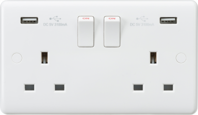 Curved Edge 13A 2G Switched Socket with Dual USB Charger (5V DC 3.1A shared)