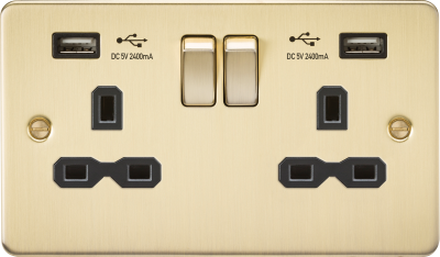 13A 2G switched socket with dual USB charger A + A (2.4A) - Brushed brass with black insert