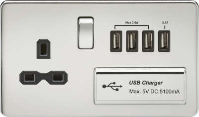 Screwless 13A switched socket with quad USB charger (5.1A) - polished chrome with black insert